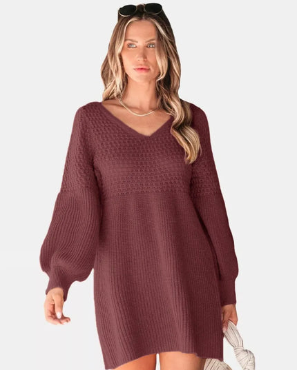 Perfee V-Neck Long Sleeve Sweater Dress
