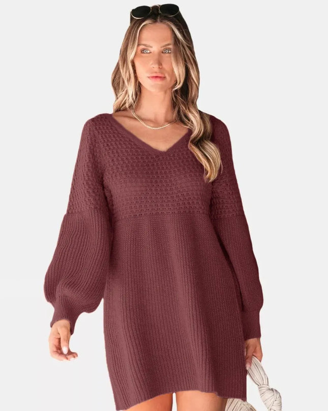 Perfee V-Neck Long Sleeve Sweater Dress