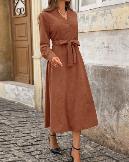 Long Sleeve Button Front Belted Midi Dress