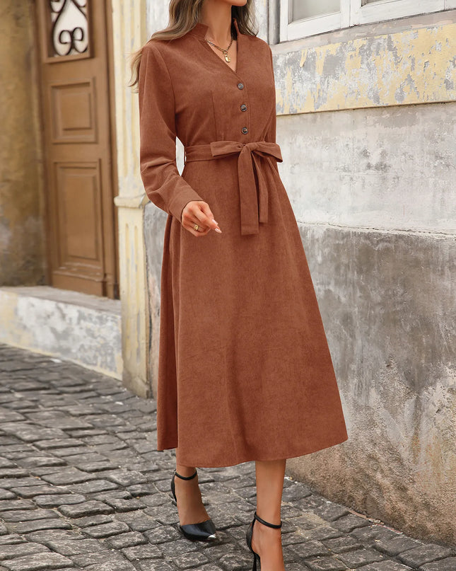 Long Sleeve Button Front Belted Midi Dress