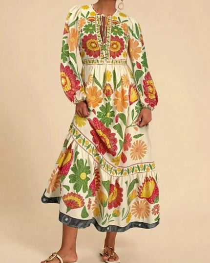 Floral Tie Waist Long Sleeve Dress Color 3