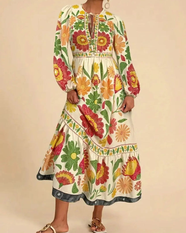 Floral Tie Waist Long Sleeve Dress Color 3