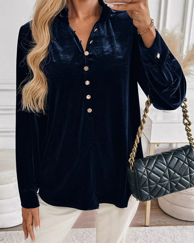 Velvet Button Front Long Sleeve Blouse