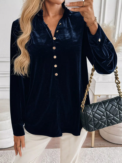 Velvet Button Front Long Sleeve Blouse