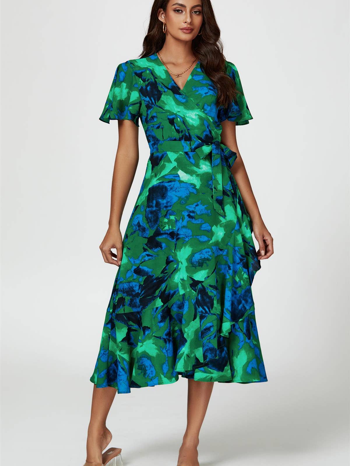 Abstract Print Midi Wrap Dress in Green Green