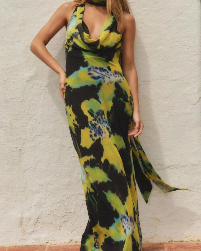 Tropical Print Sleeveless Maxi Dress Green