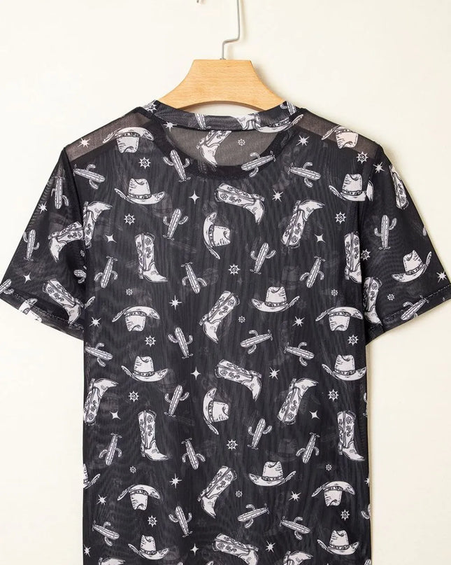 Western Pattern Mesh Sheer Crew Neck Top