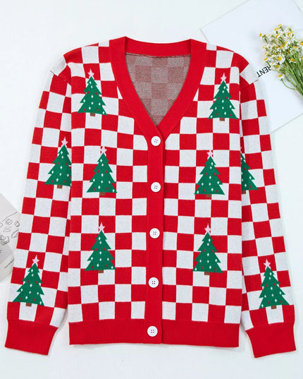 Christmas Tree Pattern Checkered Button V Neck Cardigan