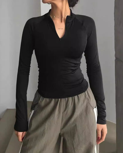 Long Sleeve Zip Front Fitted T-Shirt