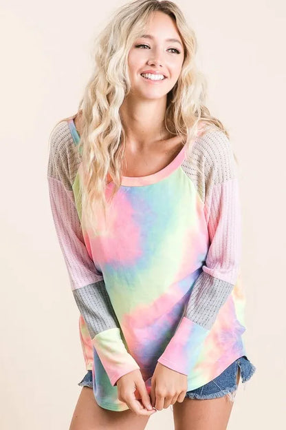 BiBi Tie Dye Terry Top with Color Block Pointelle Knit