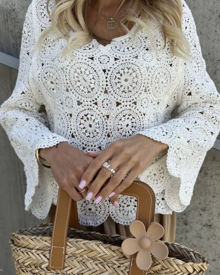 Crochet Lace V-Neck Bell Sleeve Knit Top