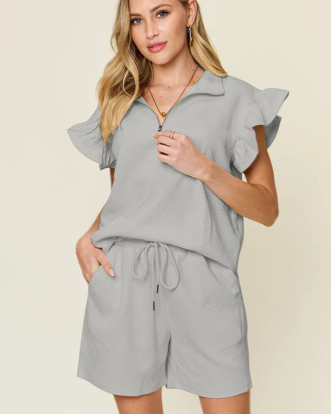 Double Take Full Size Texture Flounce Sleeve Top and Drawstring Shorts Set Light Gray