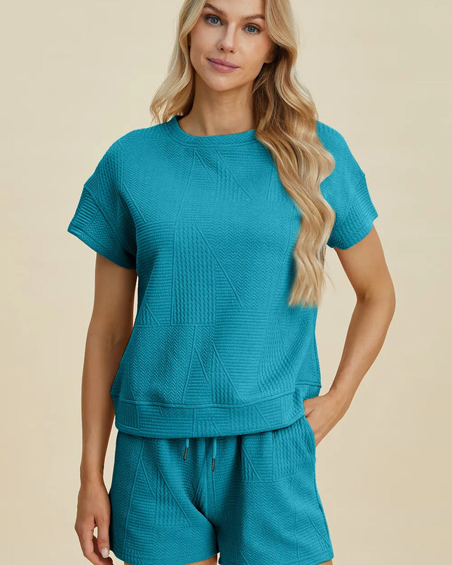 Double Take Full Size Texture Short Sleeve Top and Shorts Set