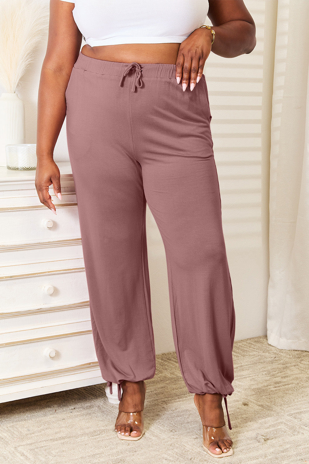 Basic Bae Full Size Soft Rayon Drawstring Waist Pants with Pockets Dusty Pink