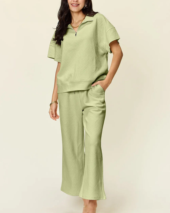 Double Take Full Size Texture Half Zip Short Sleeve Top and Pants Set Mist Green