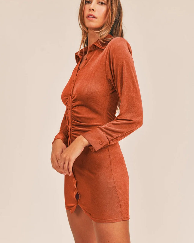 MABLE Front Ruched Button-Down Skinny Mini Shirt Dress