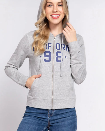 ACTIVE BASIC CALIFORNIA Zip Up Drawstring Long Sleeve Hoodie H Grey Navy