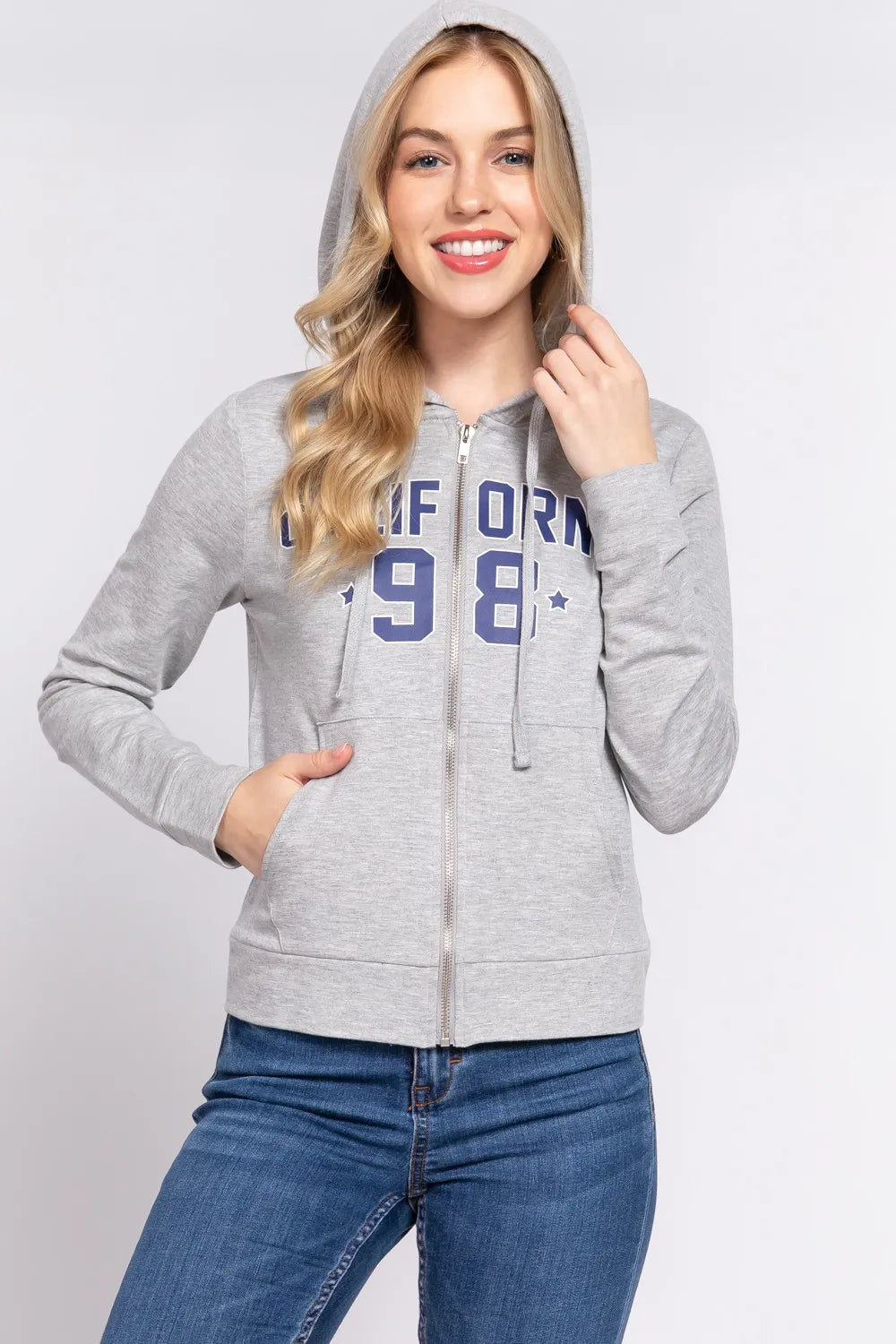 ACTIVE BASIC CALIFORNIA Zip Up Drawstring Long Sleeve Hoodie H Grey Navy