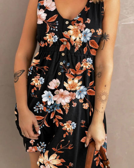 Double Take Printed Scoop Neck Sleeveless Buttoned Magic Dress with Pockets