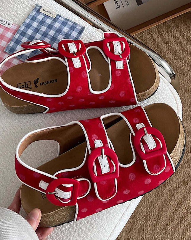 Polka Dot Double Buckle Platform Sandals Red