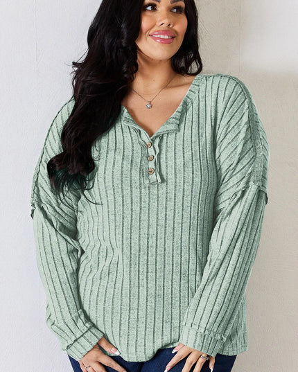 Basic Bae Full Size Ribbed Half Button Long Sleeve T-Shirt