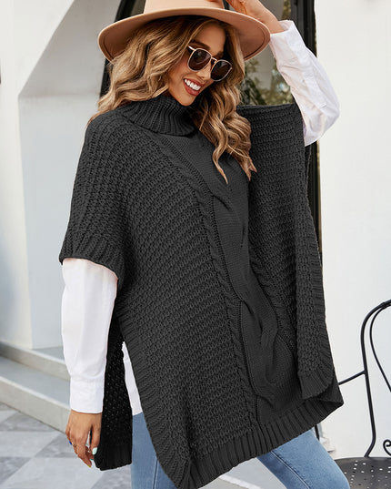 Cable-Knit Turtleneck Slit Sweater