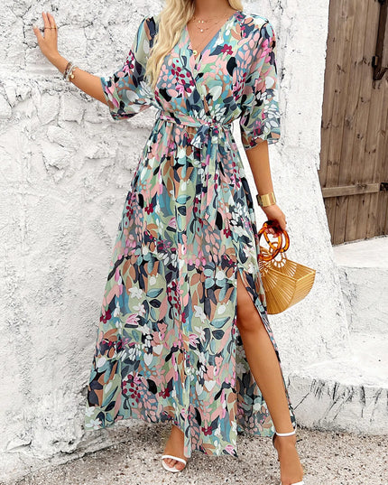 Slit Printed Surplice Half Sleeve Maxi Dress