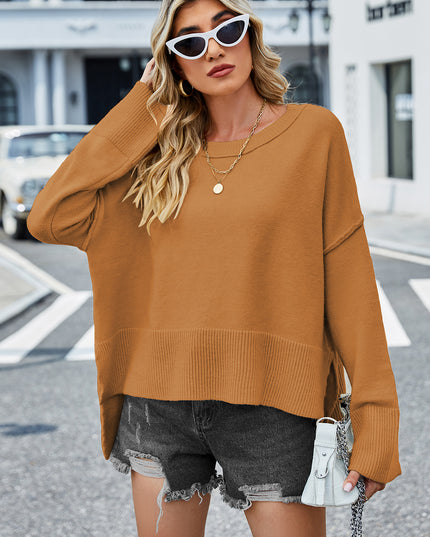 Round Neck Dropped Shoulder Slit Sweater