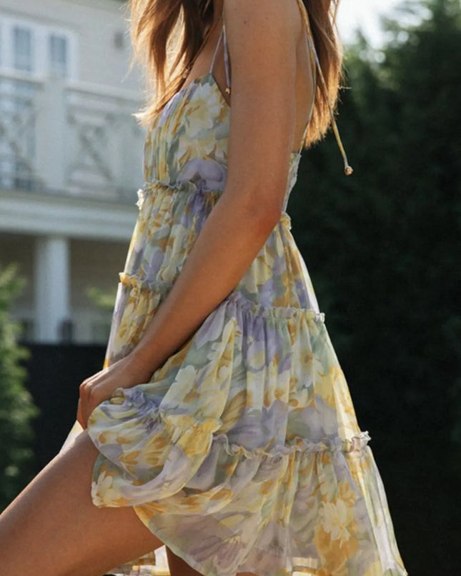 Frill Printed Square Neck Mini Cami Dress