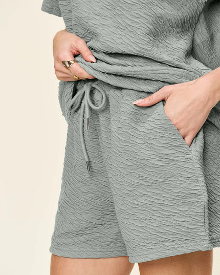 Double Take Full Size Texture Short Sleeve T-Shirt and Drawstring Shorts Set