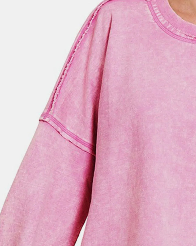 Zenana Exposed Seam Round Neck Dropped Shoulder Sweatshirt