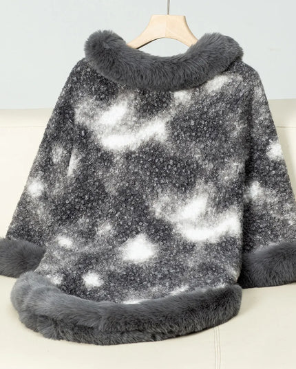 Furry Contrast Three-Quarter Poncho