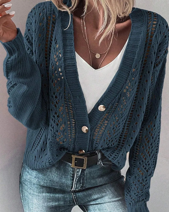 Openwork Button Up Long Sleeve Cardigan