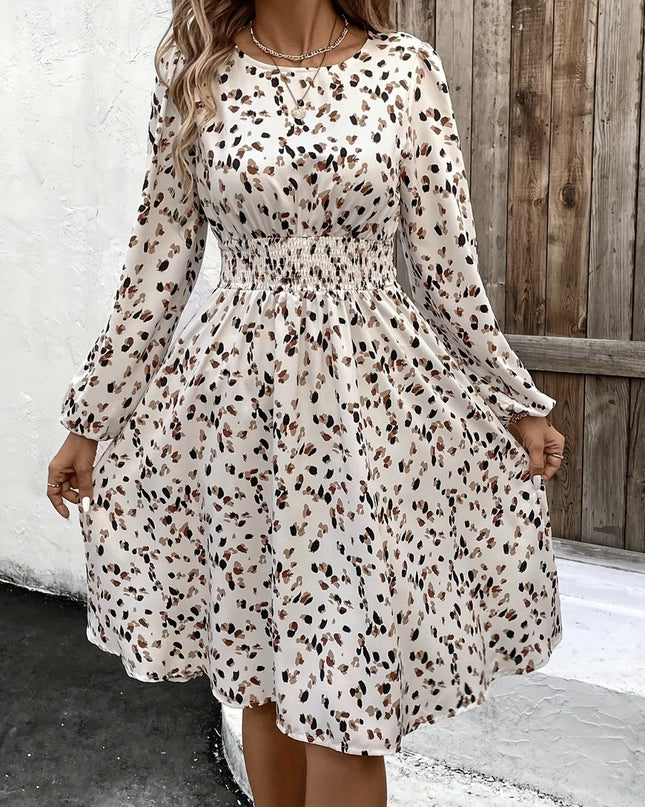 Printed Round Neck Long Sleeve Dress Ivory