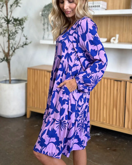 Double Take Full Size Printed Ruffle Hem Dress with Pocket