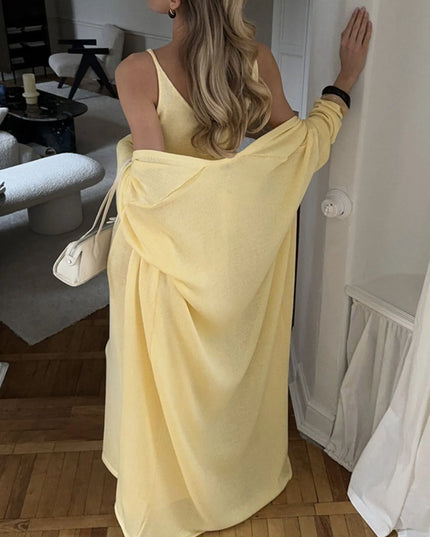 V-Neck Knit Dress and Cardigan Sweater Set