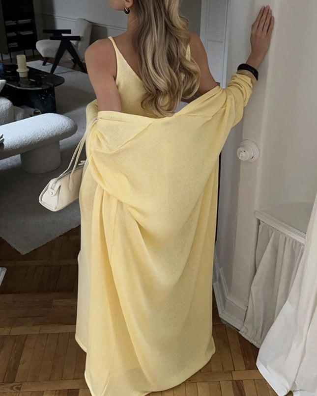 V-Neck Knit Dress and Cardigan Sweater Set