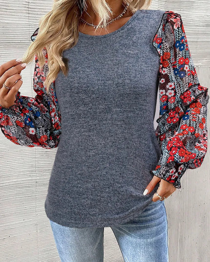 Heathered Floral Frill Lantern Sleeve Blouse