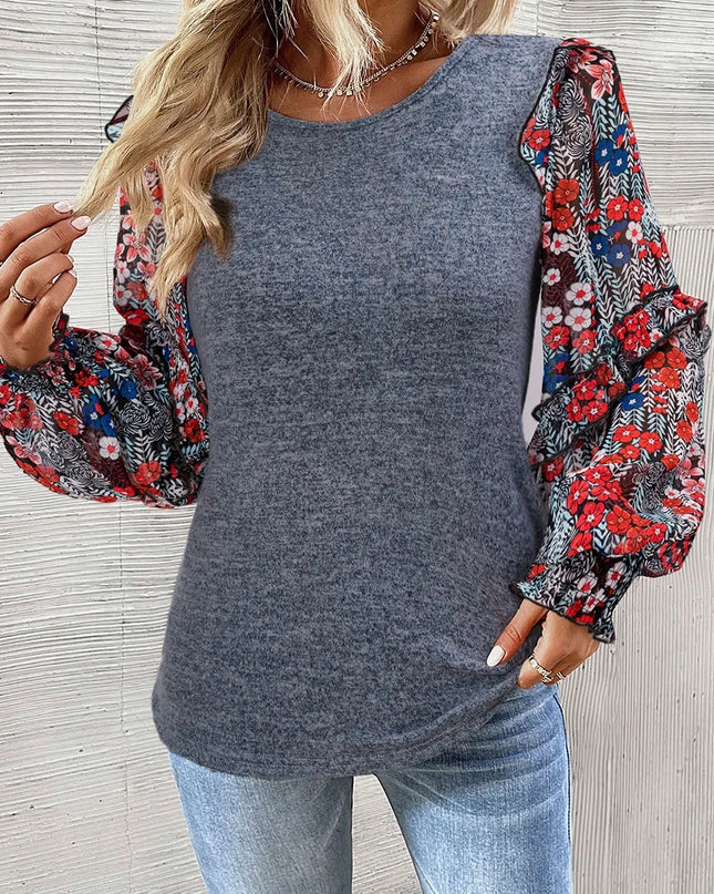 Heathered Floral Frill Lantern Sleeve Blouse