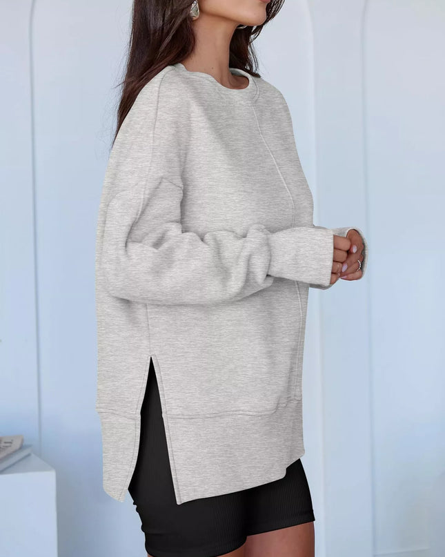Side Slit Round Neck Long Sleeve Sweatshirt