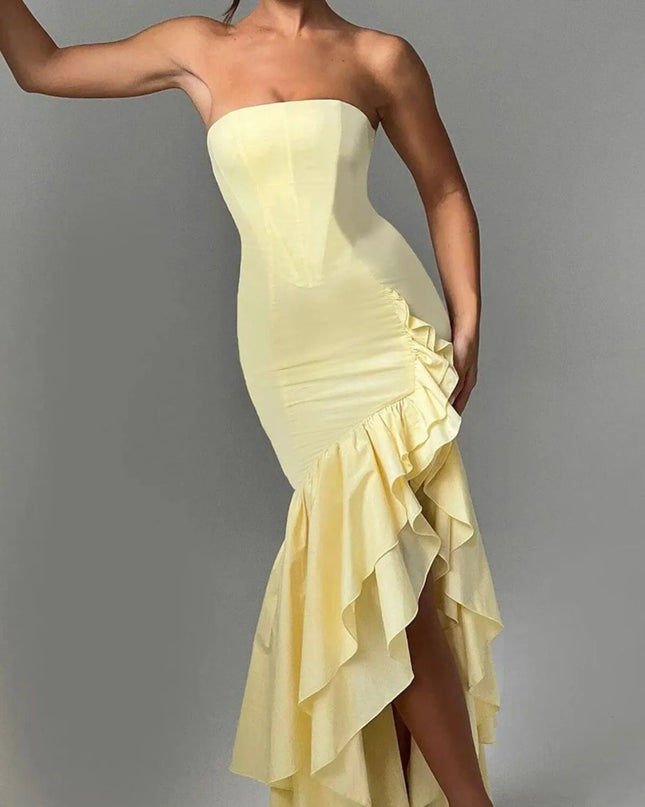 Strapless Ruffle High-Low Bodycon Dress
