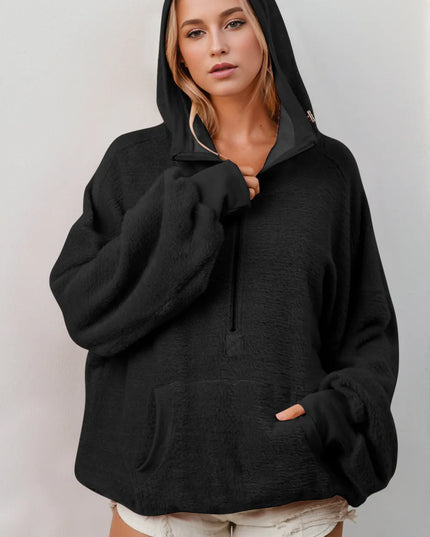 Double Take Full Size Half Zip Long Sleeve Hoodie with Kangaroo Pocket Black