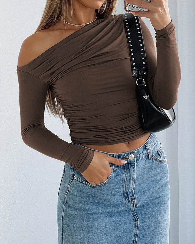 Ruffled Single Shoulder T-Shirt Brown