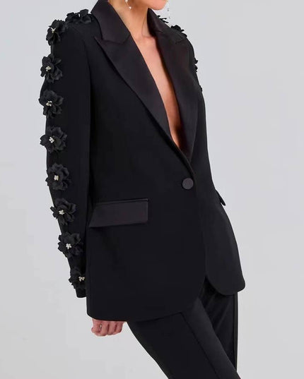 SET6-21 Elegant Floral Ruffle Blazer & Flare Pant Suit Black