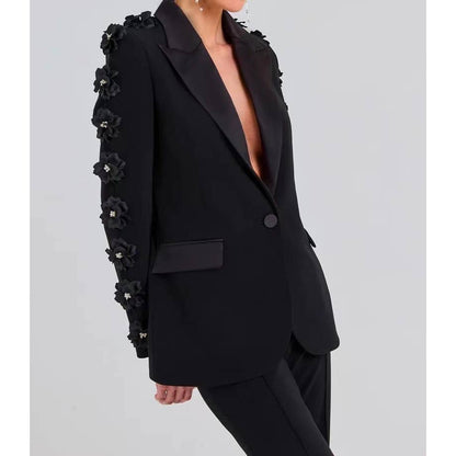 SET6-21 Elegant Floral Ruffle Blazer & Flare Pant Suit Black