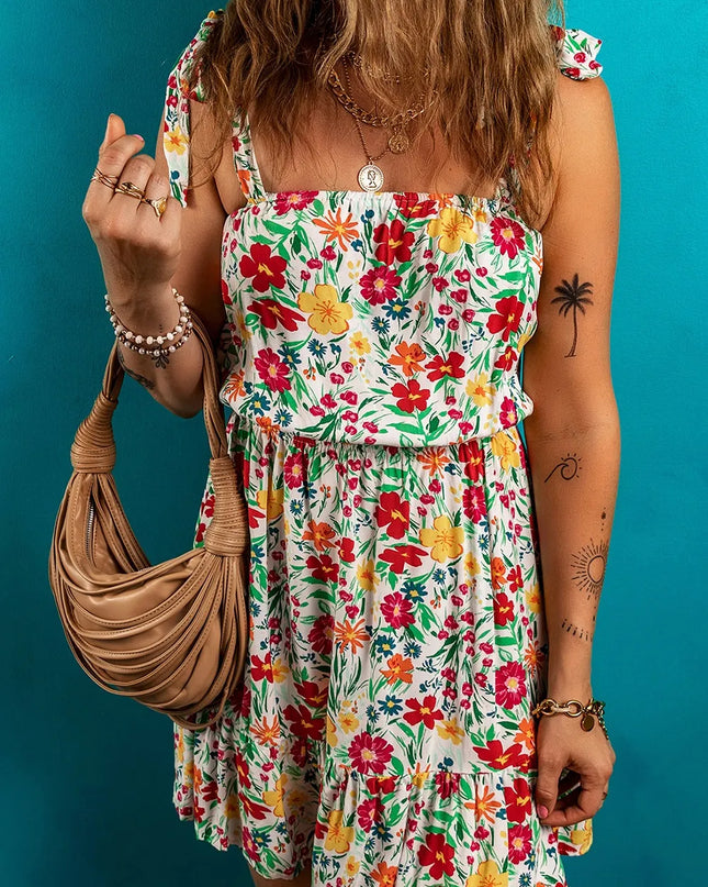 Floral Knotted Straps Cinched Waist Ruffle Hem Mini Dress