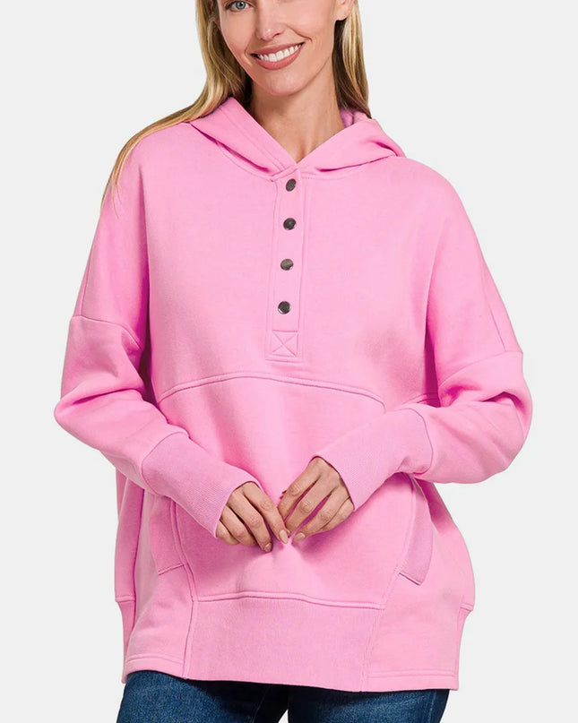 Zenana Half Snap Long Sleeve Hoodie with Kangaroo Pocket Fuchsia Pink