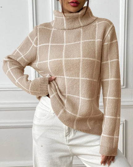 Plaid Turtleneck Long Sleeve Sweater Tan