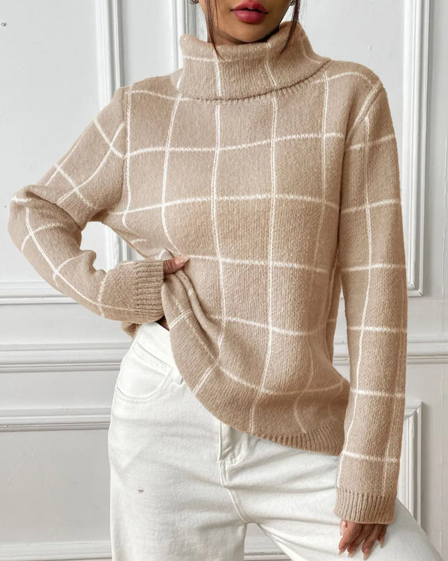 Plaid Turtleneck Long Sleeve Sweater Tan