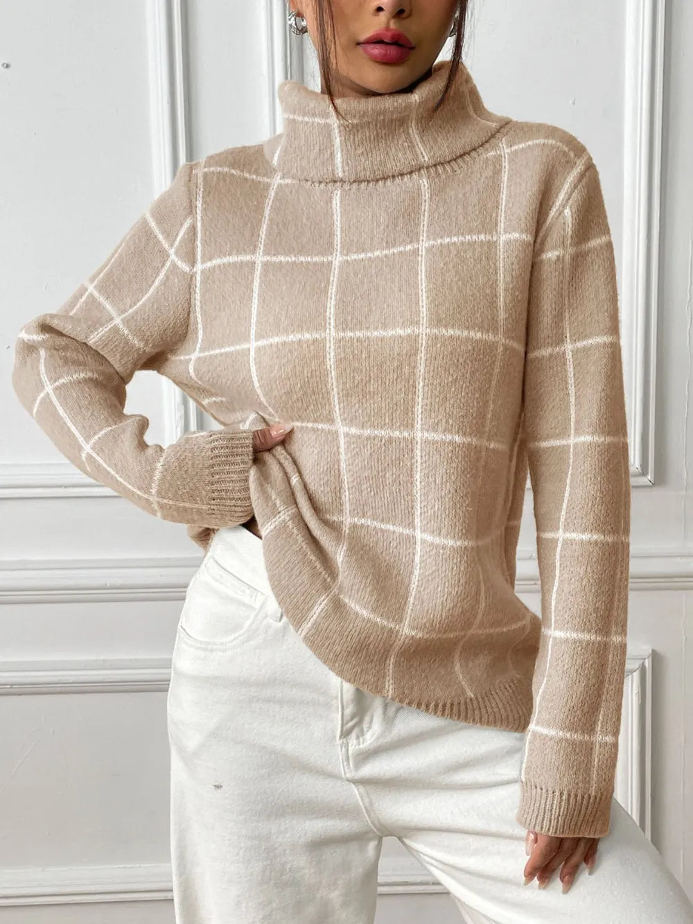 Plaid Turtleneck Long Sleeve Sweater Tan